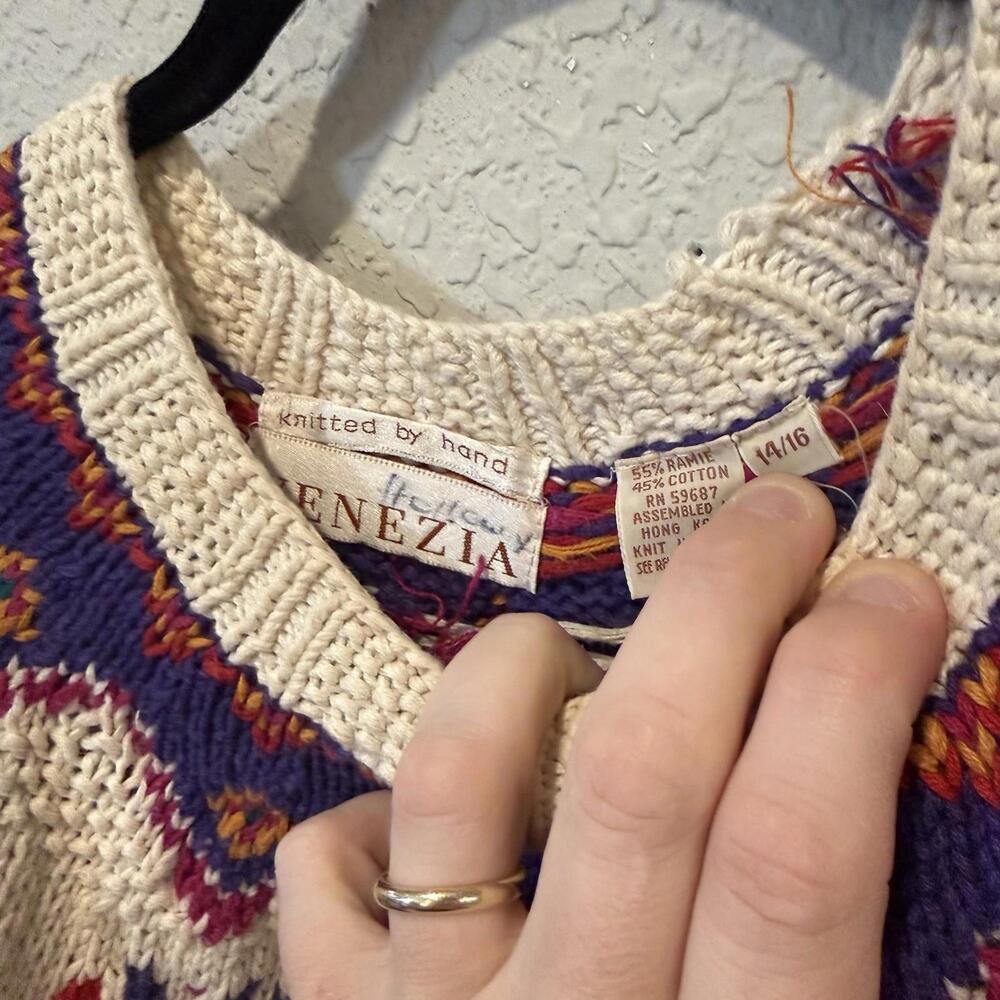 Vintage 90s RARE Venezia Womens Hand Knit Sweater Pullover Size 14-16 Snowflakes - Picture 6 of 6
